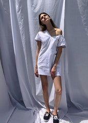 Asymmetrical One-Shoulder Linen Dress with Puff Sleeve and Sculpted Silhouette