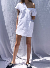 Asymmetrical One-Shoulder Linen Dress with Puff Sleeve and Sculpted Silhouette