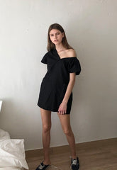 One-Shoulder Puff Sleeve Midi Dress in Lightweight Linen Fabric with Sculpted Back Detail