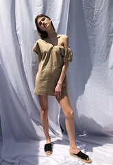 Asymmetric One-Shoulder Short Linen Dress with Puff Sleeve and Tailored Pleat Detail