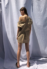 Asymmetric One-Shoulder Short Linen Dress with Puff Sleeve and Tailored Pleat Detail