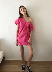 One-Shoulder Asymmetric Puff Sleeve Linen Dress with Mini Silhouette and Side Pocket