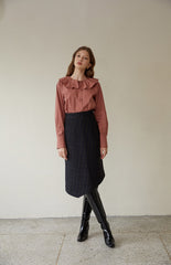 High-Waisted Checked Linen Midi Skirt with Asymmetric Hem and Tailored Fit