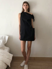 Asymmetric One-Shoulder Mini Dress in Lightweight Linen Fabric with Pocket Detailing