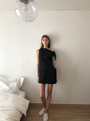Asymmetric One-Shoulder Mini Dress in Lightweight Linen Fabric with Pocket Detailing