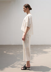 Relaxed Fit V-Neck Linen Blouse with Draped Back and Elbow-Length Sleeves