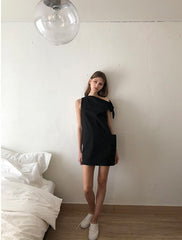 Asymmetric One-Shoulder Mini Dress in Lightweight Linen Fabric with Pocket Detailing