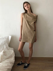 One-Shoulder Asymmetric Linen Mini Dress with Bow Detail and Side Pocket