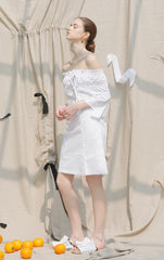 Off Shoulder Linen Midi Dress with Shirred Bodice and Button Front Design for Women