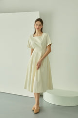 Structured Linen Midi Dress with Square Neckline and Short Sleeves for Refined Daywear
