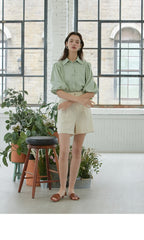 Linen Collared Shirt Blouse with Puff Half Sleeves – Tailored Button-Up Summer Top
