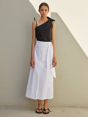 Wrap-Front Midi Linen Skirt with High Waist and Side Pocket for Modern Minimalist Styling