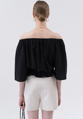 Off-Shoulder Linen Blouse with Drawstring Waist and Relaxed 3/4 Sleeves for Feminine Styling