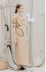 Asymmetric One-Shoulder Linen Mini Dress with Front Pocket and Gathered Detailing