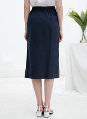 High-Waisted Linen Midi Skirt with Side Button Closure and Clean Tailored Silhouette