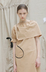 Asymmetric One-Shoulder Linen Mini Dress with Front Pocket and Gathered Detailing