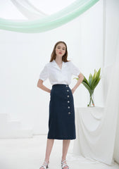 High-Waisted Linen Midi Skirt with Side Button Closure and Clean Tailored Silhouette