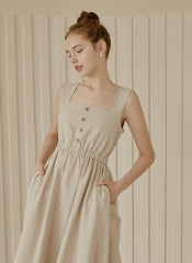 Sleeveless Linen Midi Dress with Square Neckline, Button Front, and Gathered Waist Detail