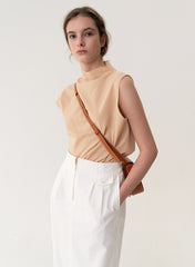 Sleeveless High-Neck Linen Blouse with Draped Collar and Minimalist Silhouette for Refined Looks