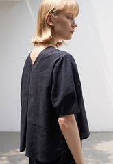 Relaxed Fit V-Neck Linen Blouse with Dolman Sleeves and Back Seam Detail
