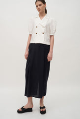 High-Waisted Linen Midi Skirt with Back Slit and Clean Front Wrap Detail