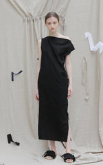 One-Shoulder Asymmetrical Midi Dress in Pure Linen with Side Slit and Modern Drape