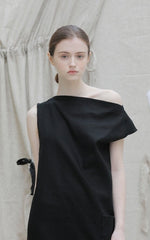 One-Shoulder Asymmetrical Midi Dress in Pure Linen with Side Slit and Modern Drape