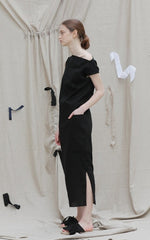 One-Shoulder Asymmetrical Midi Dress in Pure Linen with Side Slit and Modern Drape