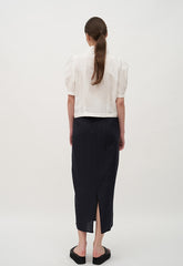 High-Waisted Linen Midi Skirt with Back Slit and Clean Front Wrap Detail