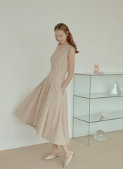 Sleeveless Linen Midi Dress with Fitted Bodice, Flared Hem, and Seam Detailing for Structure