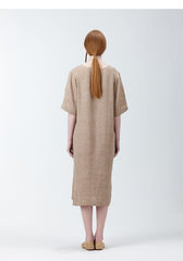 Elegant V-Neck Midi Dress in Breathable Pure Linen with Short Sleeves and Side Slits