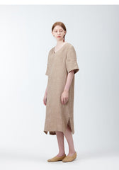 Elegant V-Neck Midi Dress in Breathable Pure Linen with Short Sleeves and Side Slits