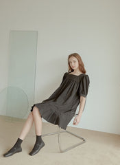 Cotton Poplin Mini Dress with Square Neckline, Puff Sleeves, and Pleated Hem Detailing