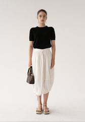 High-Waisted Gathered Midi Skirt in Breathable Lightweight Linen with Adjustable Hem Detail