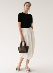 High-Waisted Gathered Midi Skirt in Breathable Lightweight Linen with Adjustable Hem Detail