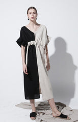 Off-Shoulder Contrast Panel Linen Midi Dress with Adjustable Waist Detail
