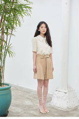 High-Waisted Linen Blend Shorts with Self-Tie Belt and Pleated Front Detailing