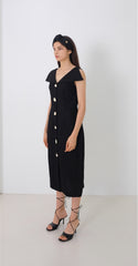 Linen Midi Dress with V-Neckline, Off-Shoulder Collar, and Statement Button Front