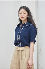 Chic Short Sleeve Linen Shirt with Contrast Trim and Wide Collar for Elegant Styling