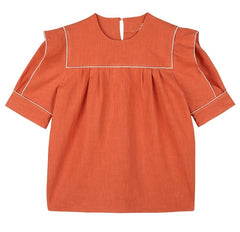 Women's Linen Blouse with Square Yoke and Contrast Piping Detail in a Relaxed Short-Sleeve Fit