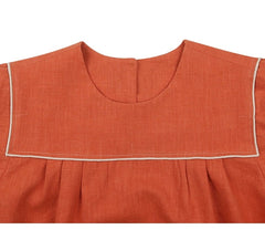 Women's Linen Blouse with Square Yoke and Contrast Piping Detail in a Relaxed Short-Sleeve Fit
