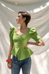 Structured Linen Peplum Top with Puff Sleeves and Asymmetrical Button Detail