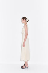 Sleeveless Linen Midi Dress for Women with V-Neckline and Draped Waist Detail – Flared Skirt