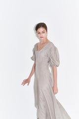 Silk Midi Dress for Women with Puff Sleeves and Scoop Neckline – Flared Hem and Elegant Fit