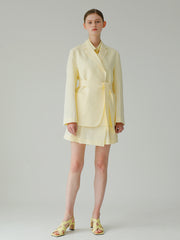 Tailored Linen Short Skirt For Women - High-Waisted A-Line Linen Skirt With Overlap Detail