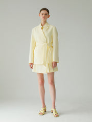 Tailored Linen Blazer with Waist Tie and Oversized Patch Pockets