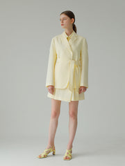 Tailored Linen Blazer with Waist Tie and Oversized Patch Pockets