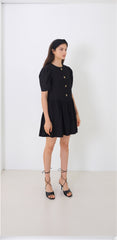 Puff Sleeve Linen Midi Dress with Square Neckline and Gathered Waist Detail