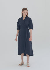 Elegant Wrap-Style Midi Dress in Lightweight Linen with Belted Waist and Relaxed Sleeves