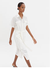 Chic Linen Belted Shirt Dress with Short Sleeves and Utility Pockets for Women